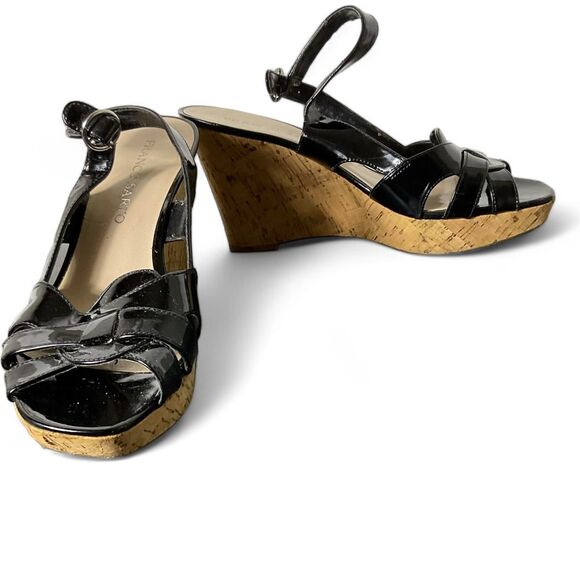 Franco Sarto Black Patent Leather‎ Cork Wedge Sandals 8.5M - Picture 1 of 6